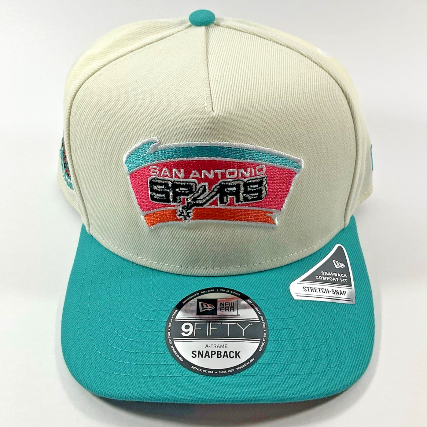 New Era San Antonio Spurs Exclusive Cream Teal 9FIFTY A-Frame Snapback Hat Cap