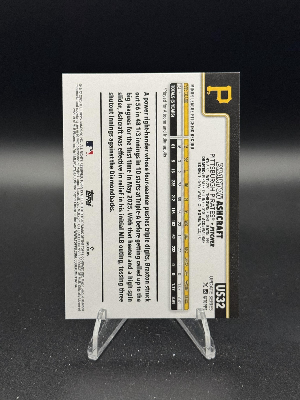 2025 Topps Update #US32 Braxton Ashcraft Diamante Foil
