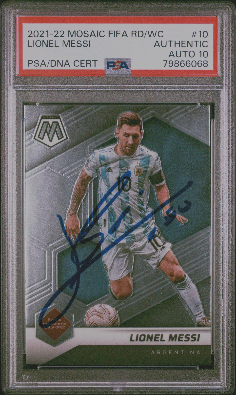 2021-22 Panini Mosaic FIFA World Cup Lionel Messi #10 PSA AUTO 10 AUTH