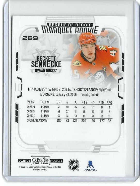 2025-26 O-Pee-Chee Platinum – Marquee Rookies Beckett Sennecke #269 (RC)