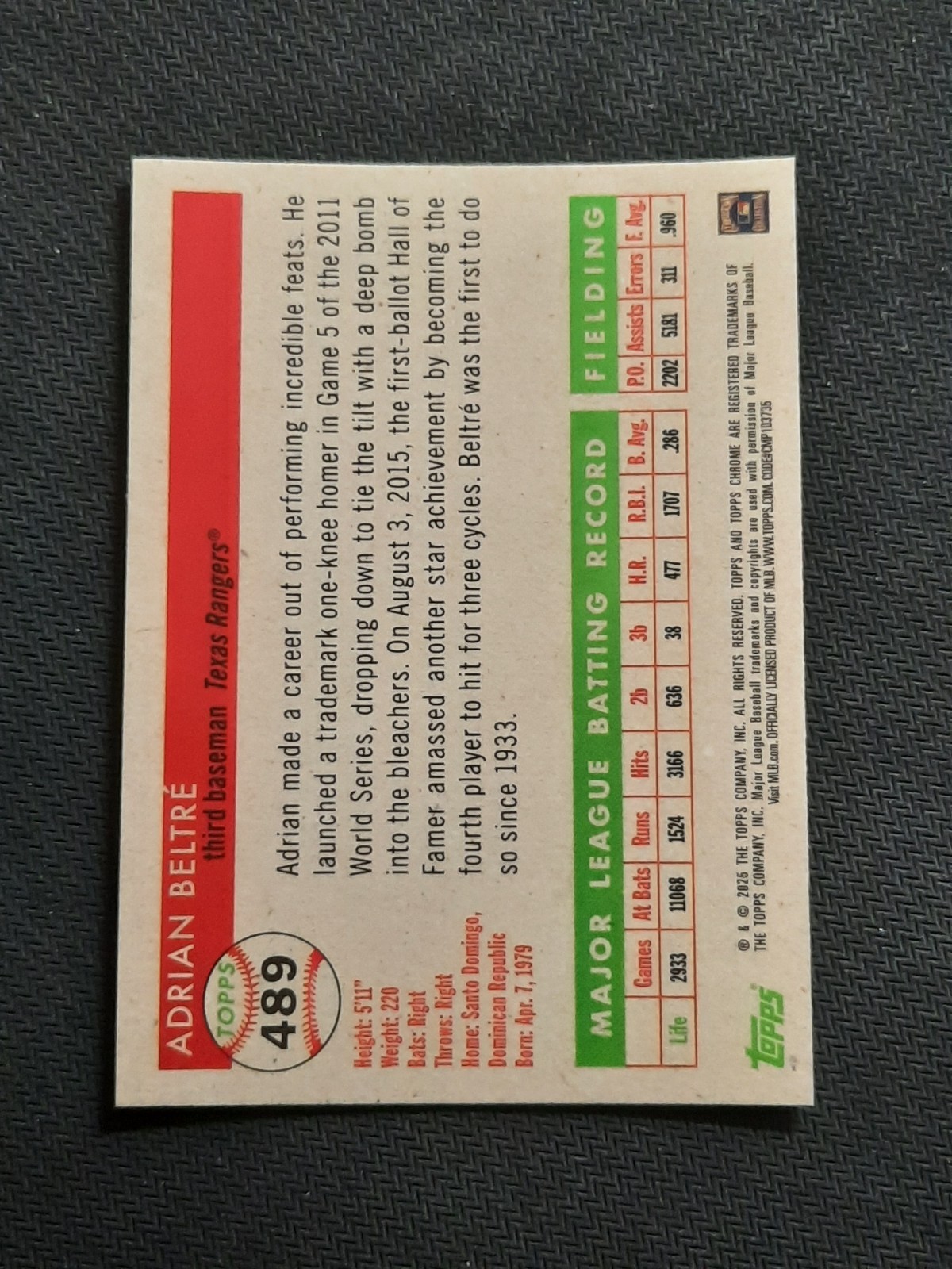 2025 Topps Chrome Platinum 489 Adrian Beltre Texas Rangers