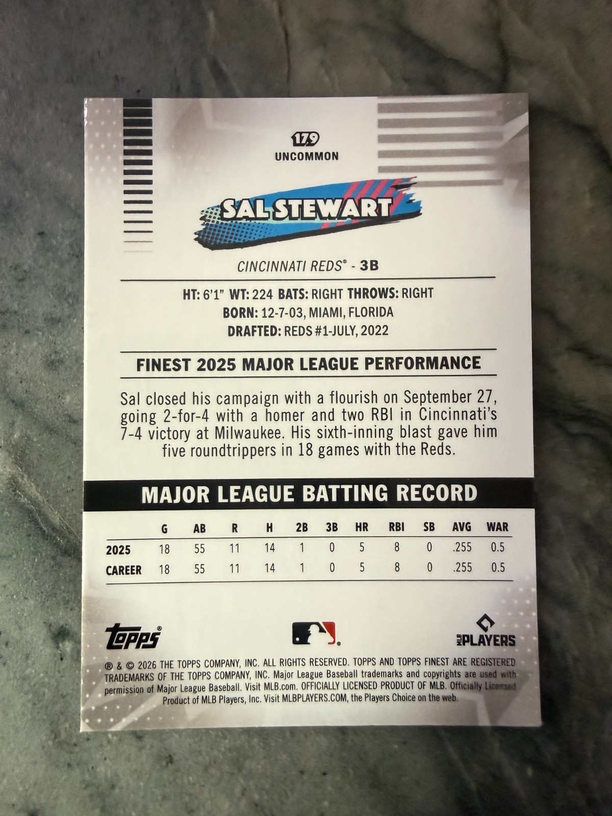 2026 Topps Finest Cincinnati Reds Sal Stewart Yellow Uncommon 155/275 #129 (RC)