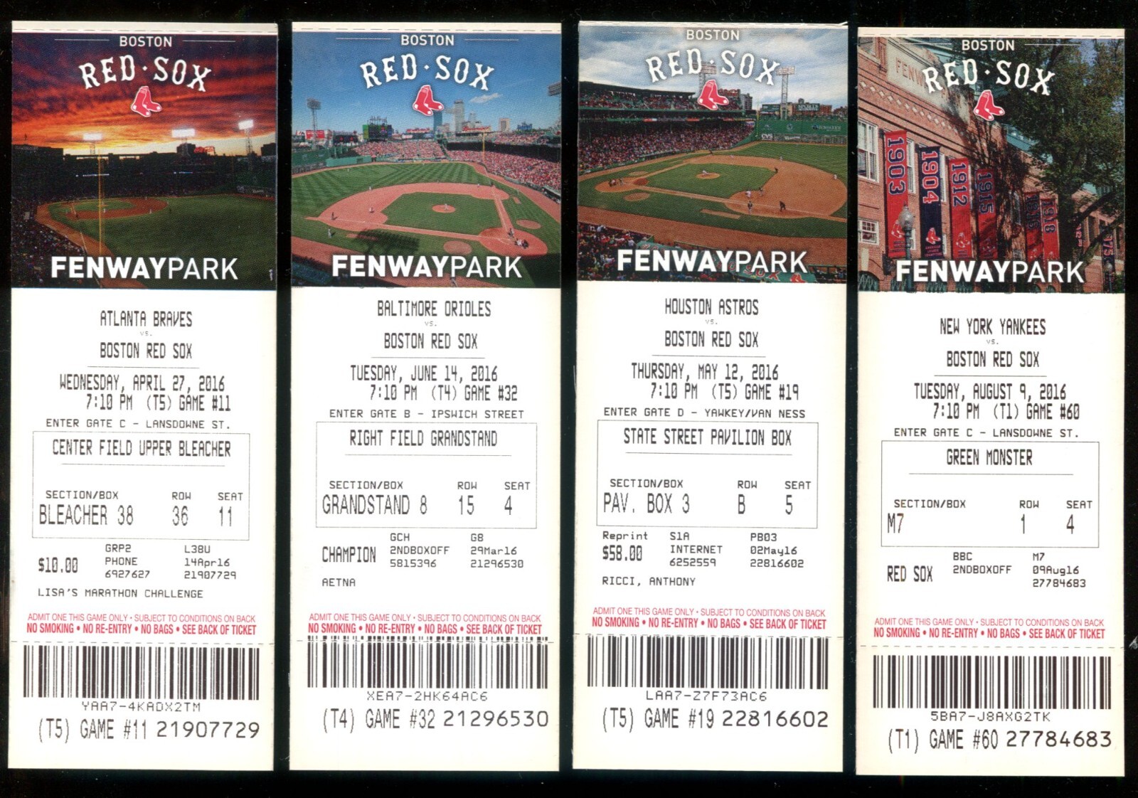 2016 Boston Red Sox 4 Count Tickets Ortiz Last Regular Season Fenway Park