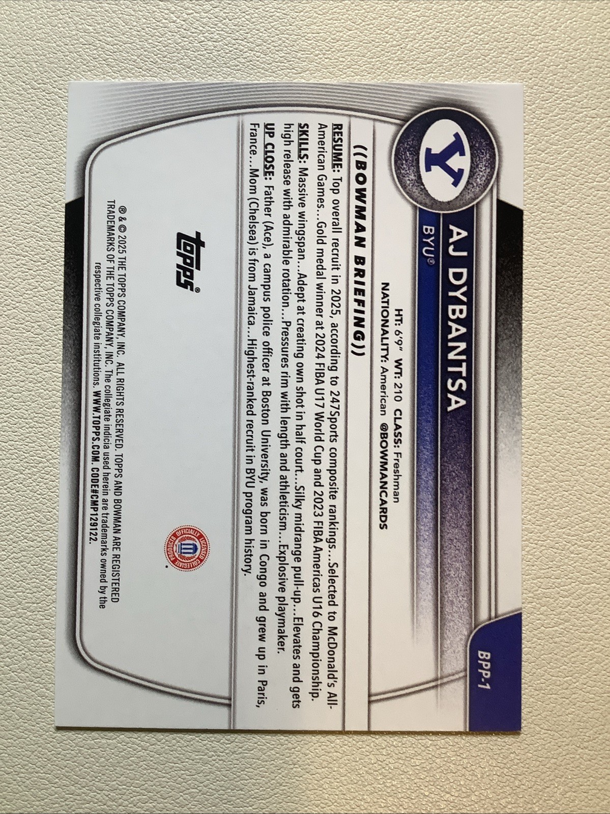 AJ Dybantsa 1st Bowman: 2025-26 Bowman Basketball -Base -BYU #BPP-1 Rookie RC