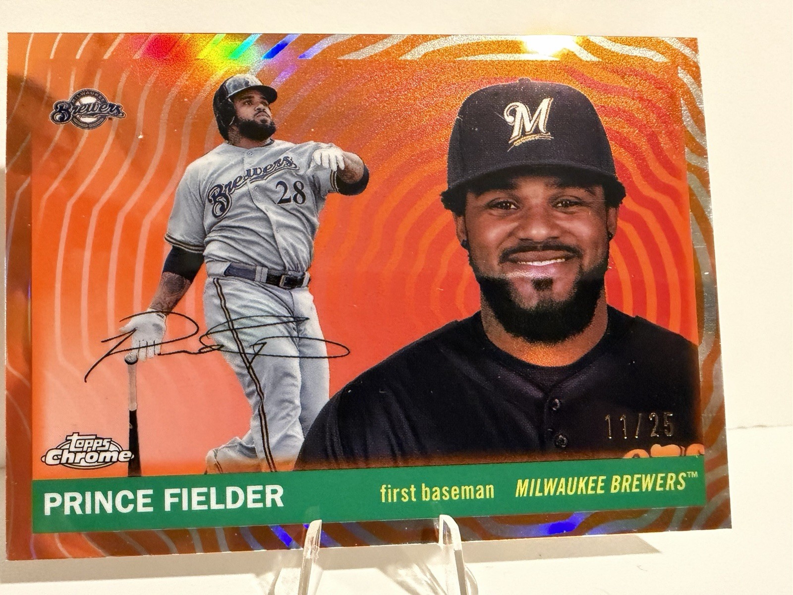 2025 Topps Chrome Platinum Prince Fielder Orange Vibrations /25 Brewers #417