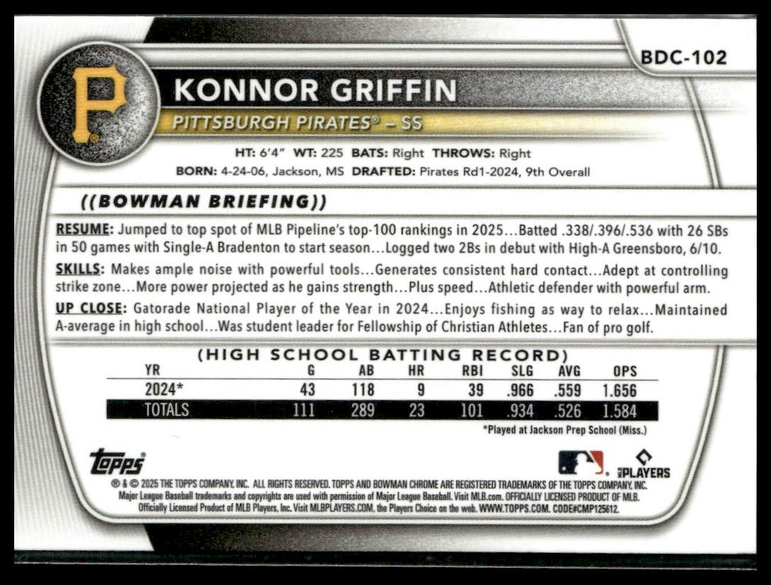 Konnor Griffin 2025 Bowman Draft Chrome #BDC-102 Pittsburgh Pirates