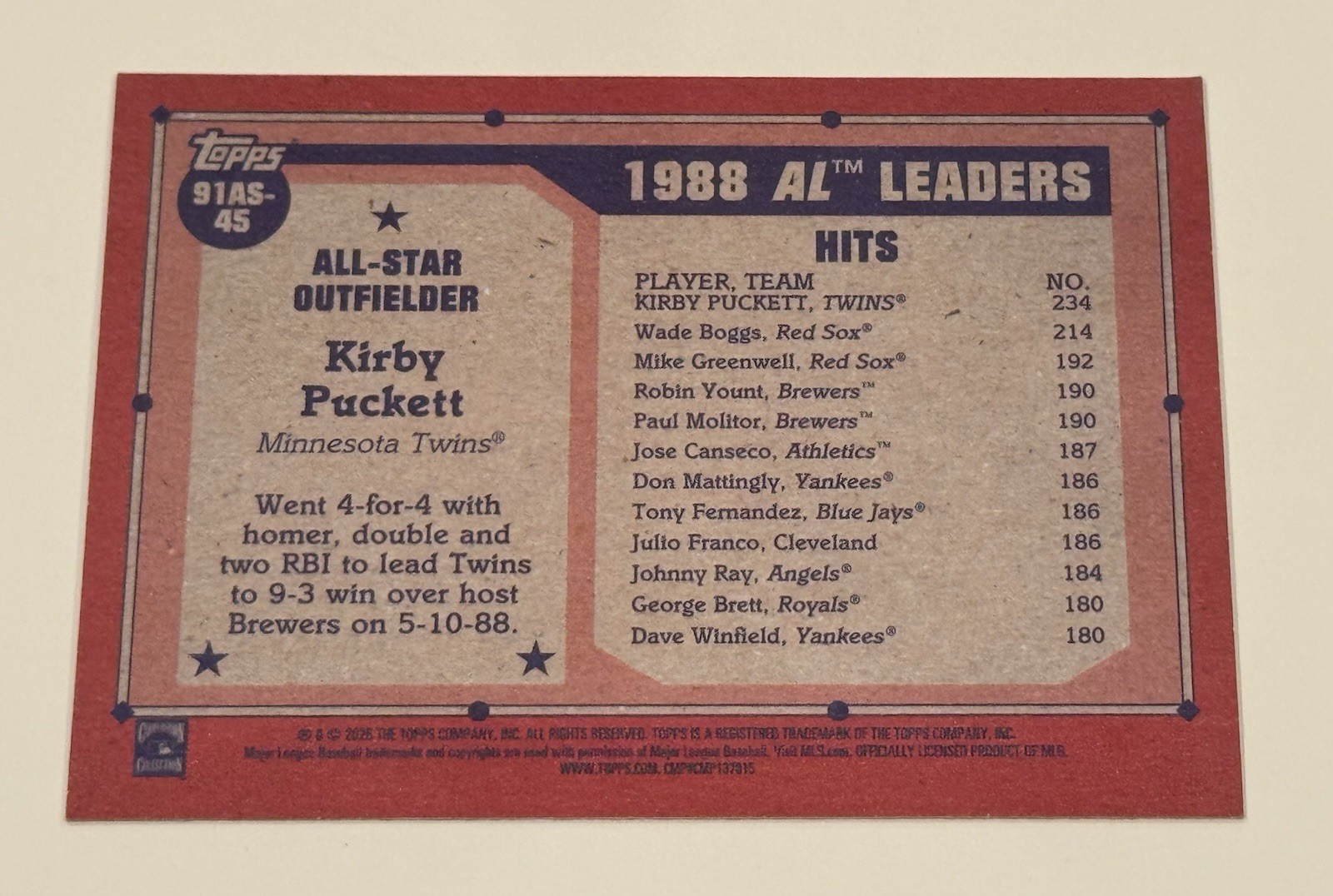 2026 Topps Series 2 Kirby Puckett 1991 All Star Real One Parallel /90 #91AS-45