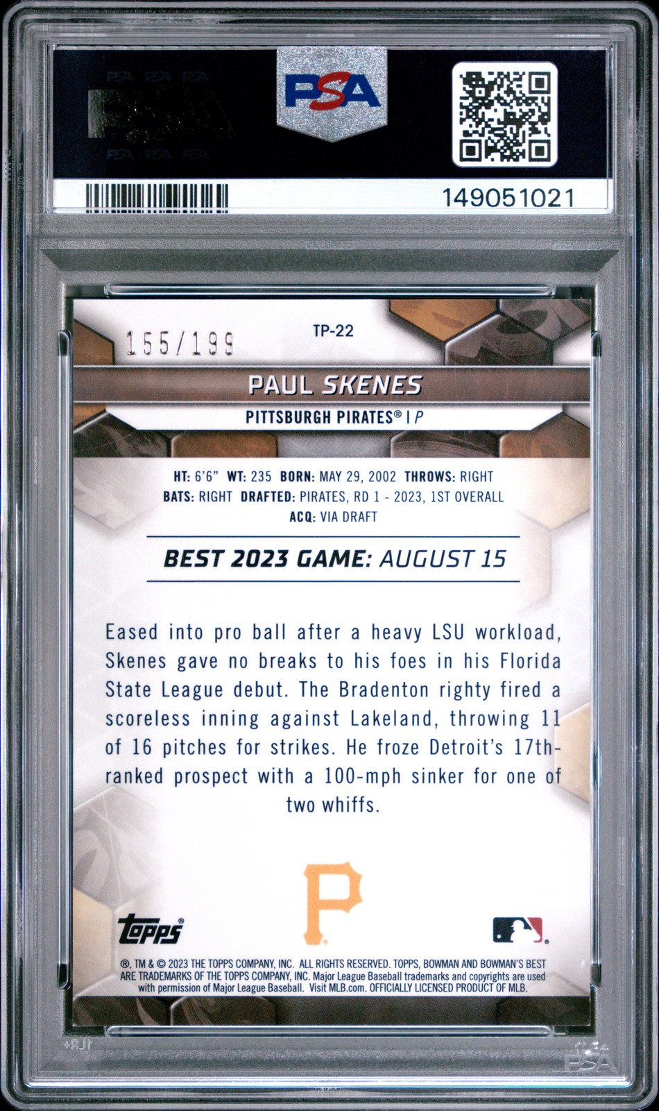 2023 BOWMAN’S BEST TOP PROSPECTS AQUA LAVA #TP22 PAUL SKENES 155/199 PSA 8.5