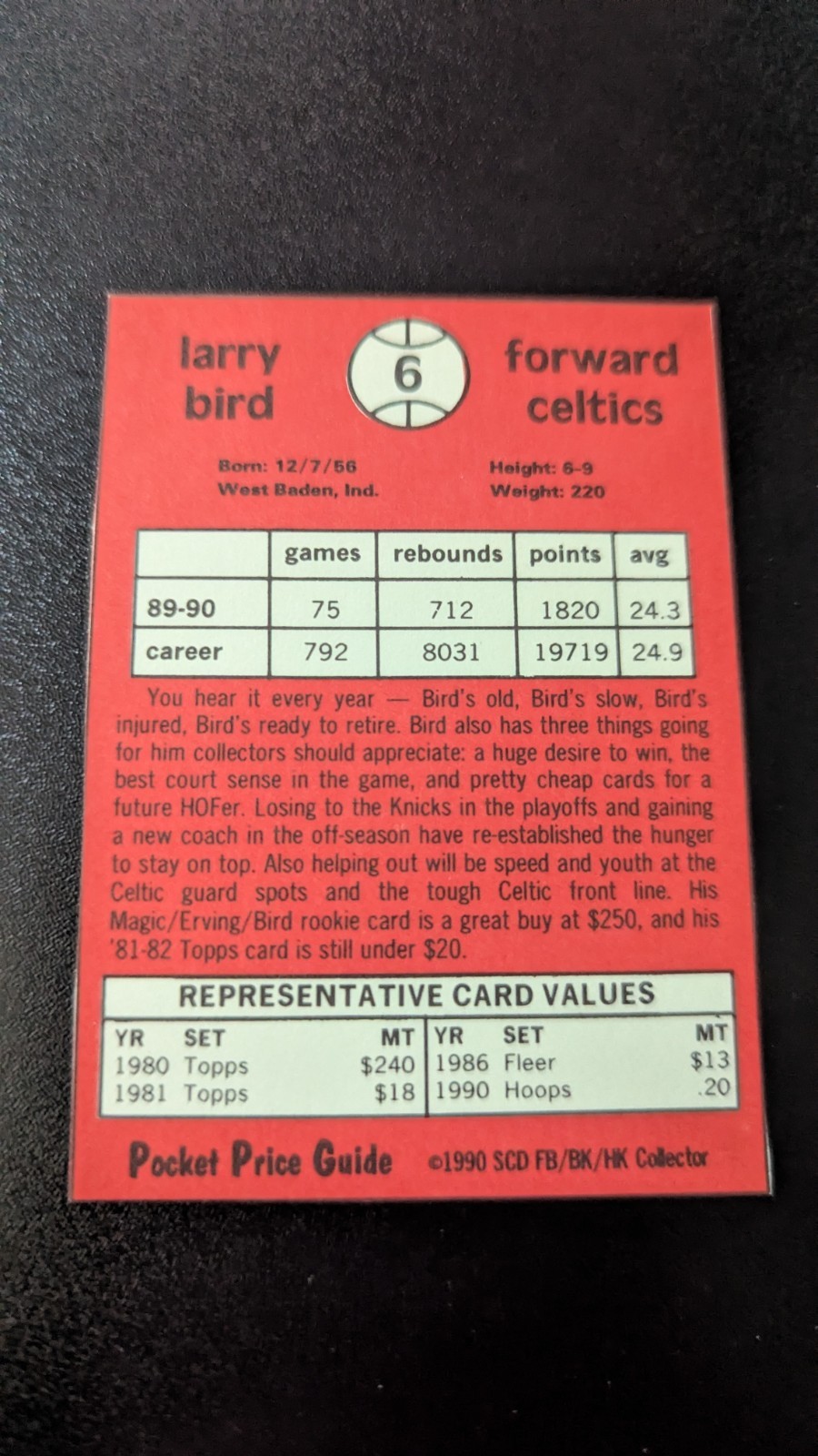 1990 SCD Pocket Price Guide Larry Bird #6 HOF