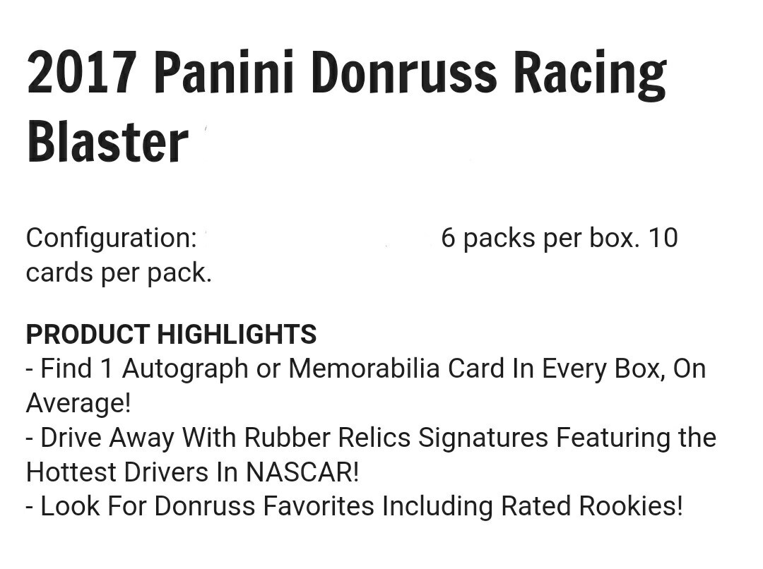 2017 Panini Donruss NASCAR Racing Factory Sealed Blaster Box – 1 Auto Or Mem/Avg