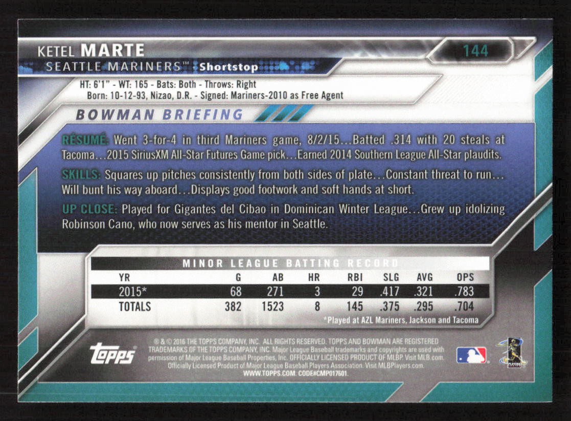2016 Bowman Ketel Marte RC Rookie #144 Card – Quantity!