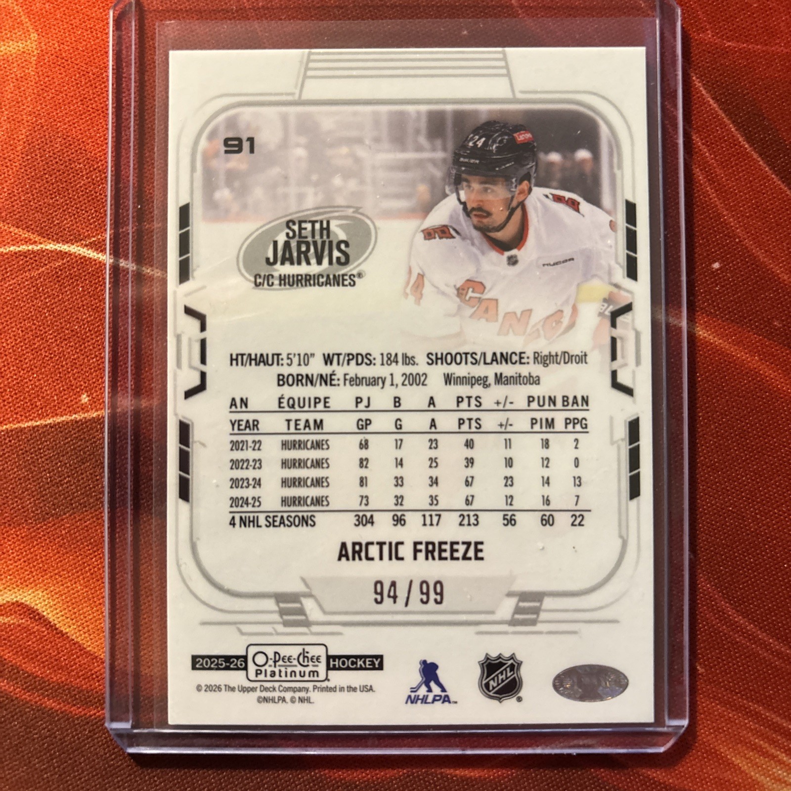 2025-26 O-Pee-Chee Platinum Seth Jarvis Arctic Freeze /99 #91