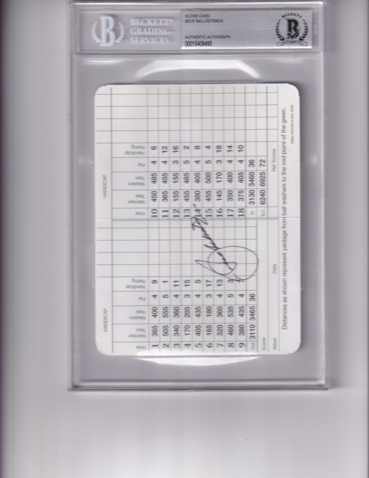 Seve Ballesteros signed Masters Scorecard Beckett slabbed Golf PGA