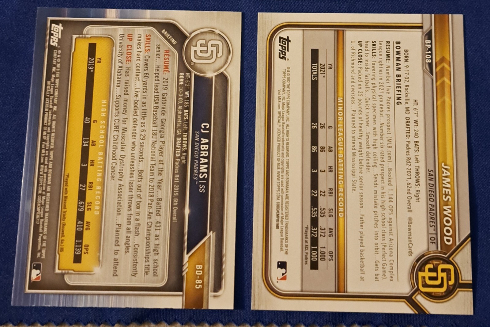 2019 And 2022 Bowman Paper James Wood And Cj Abrams 4 Card 1st Bowman Lot