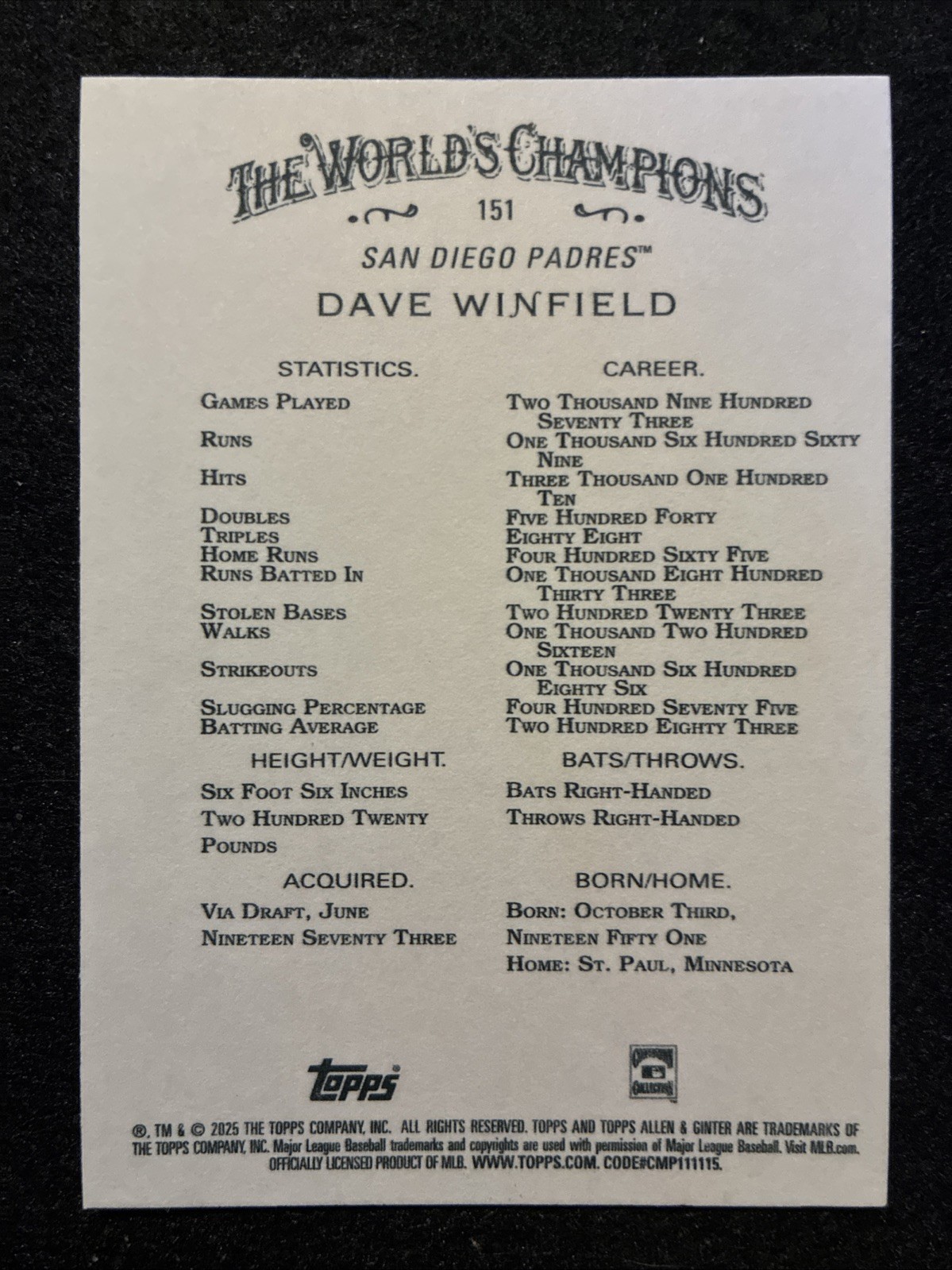 2025 Topps Allen & Ginter – Dave Winfield #151