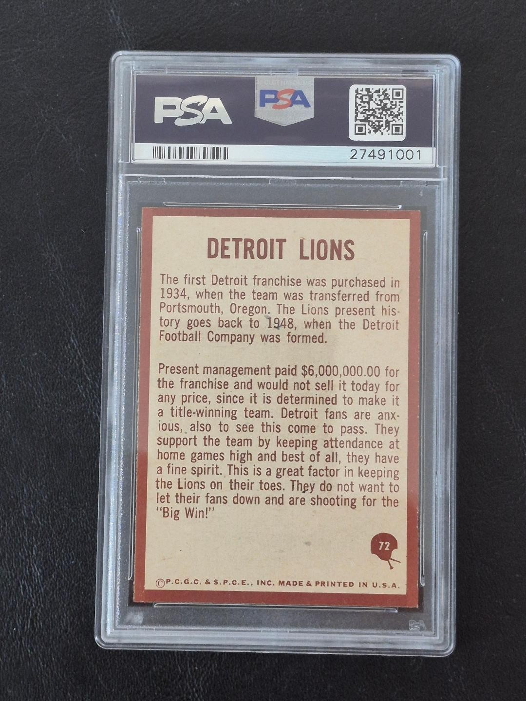 1967 Philadelphia Football #72 Lions Insignia PSA 8