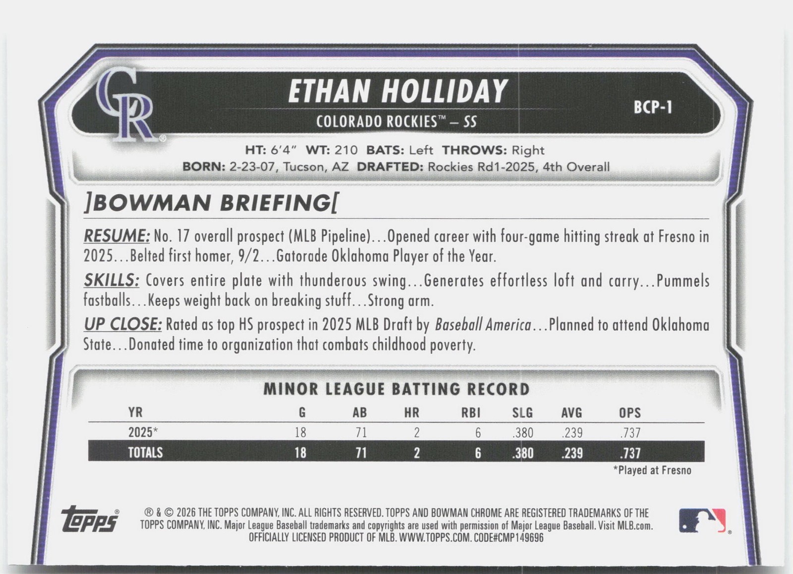 2026 Bowman #BCP-1 Ethan Holliday Chrome Prospects Mojo Refractor
