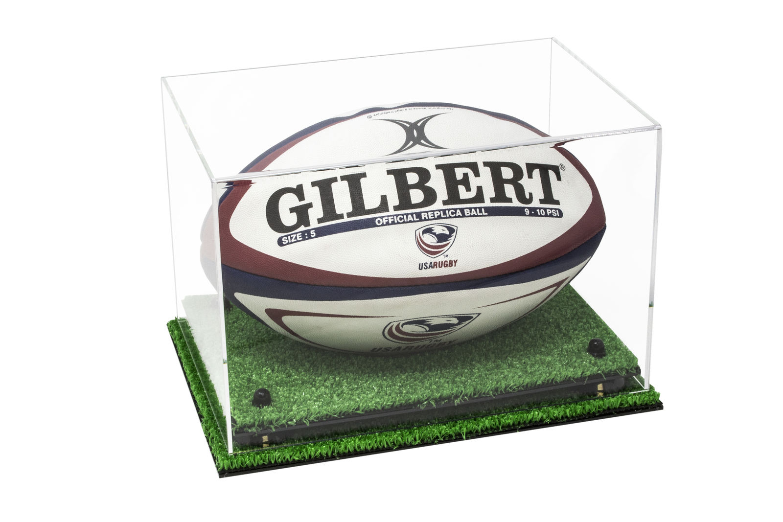 Clear Acrylic Rugby Ball Display Case with Black Risers and Turf Base (A004)