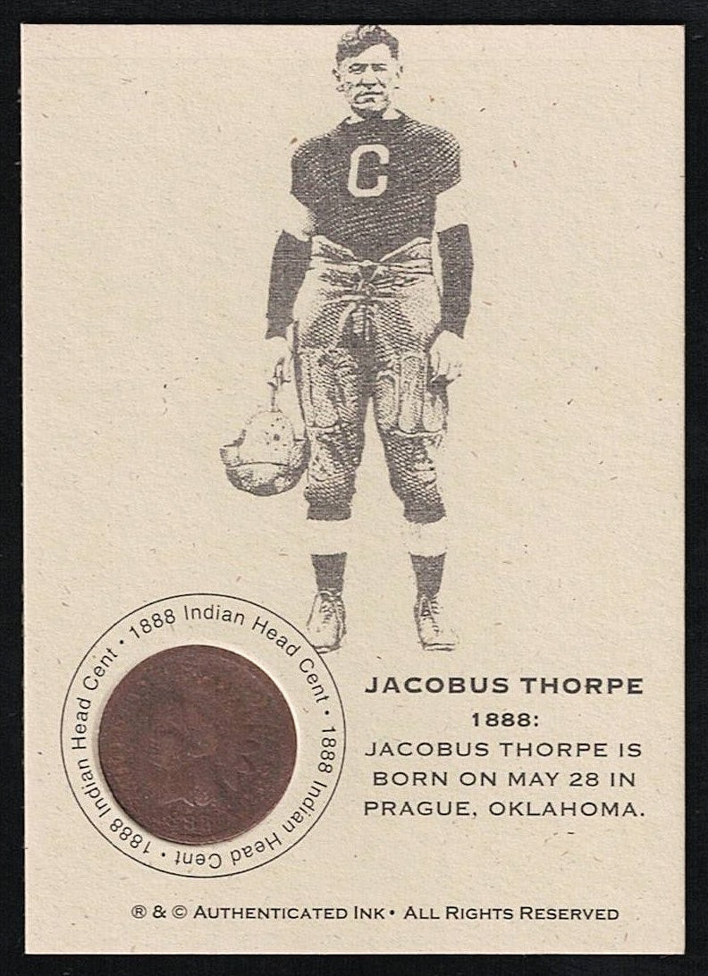 JIM THORPE – 1888 Original INDIAN HEAD CENT Coin Card – AUTHENTICATED INC.