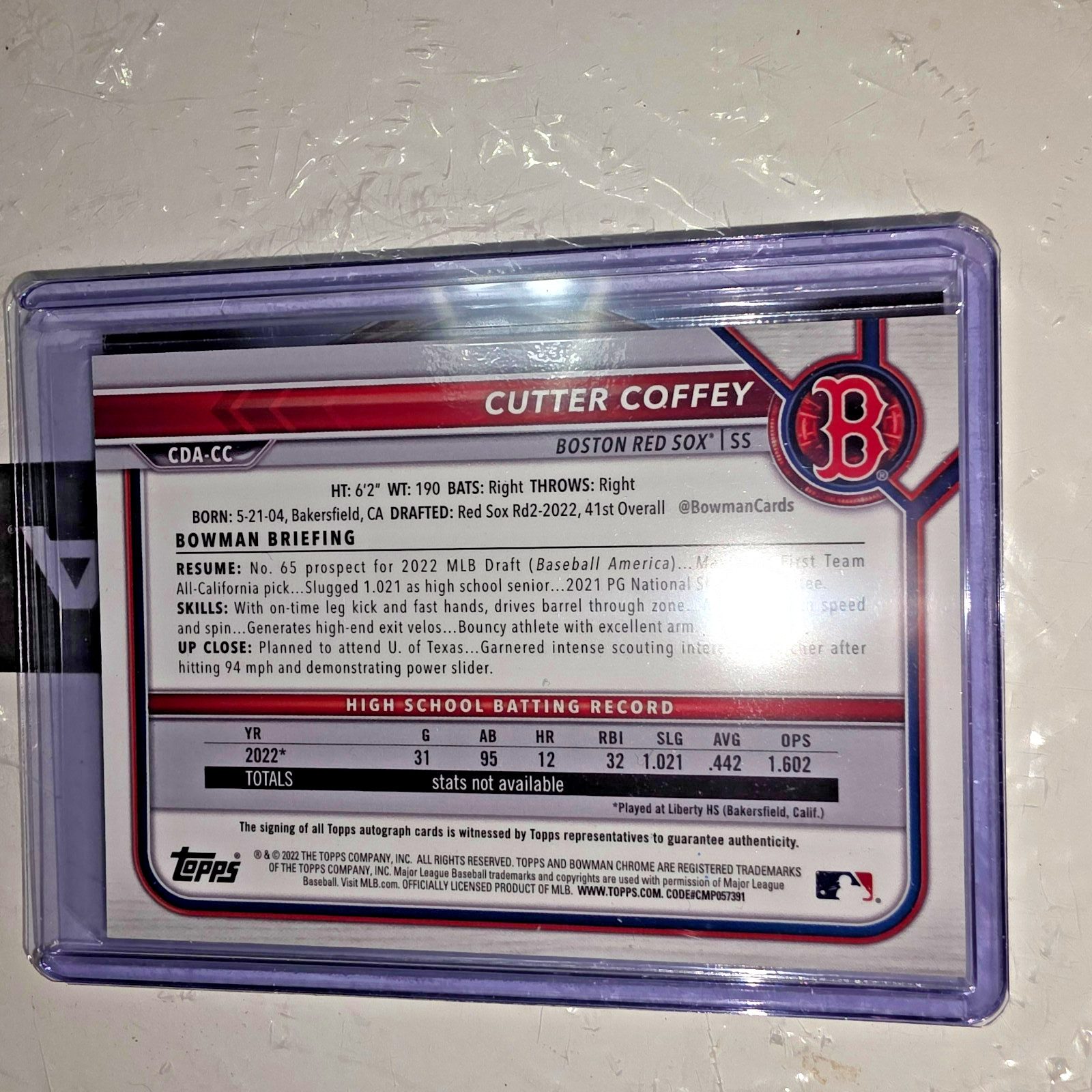 2022 1ST BOWMAN DRAFT CHROME B/W RAYWAVE #CDA-CC CUTTER COFFEY RC AUTO