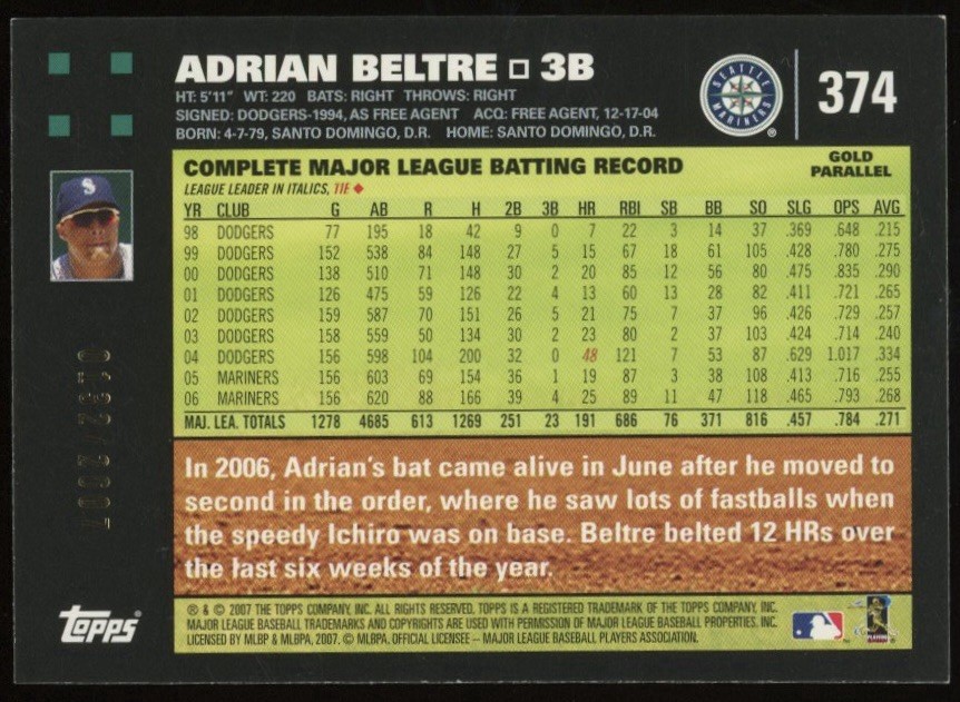 Adrian Beltre 2007 Topps Gold /2007 #374 – Seattle Mariners