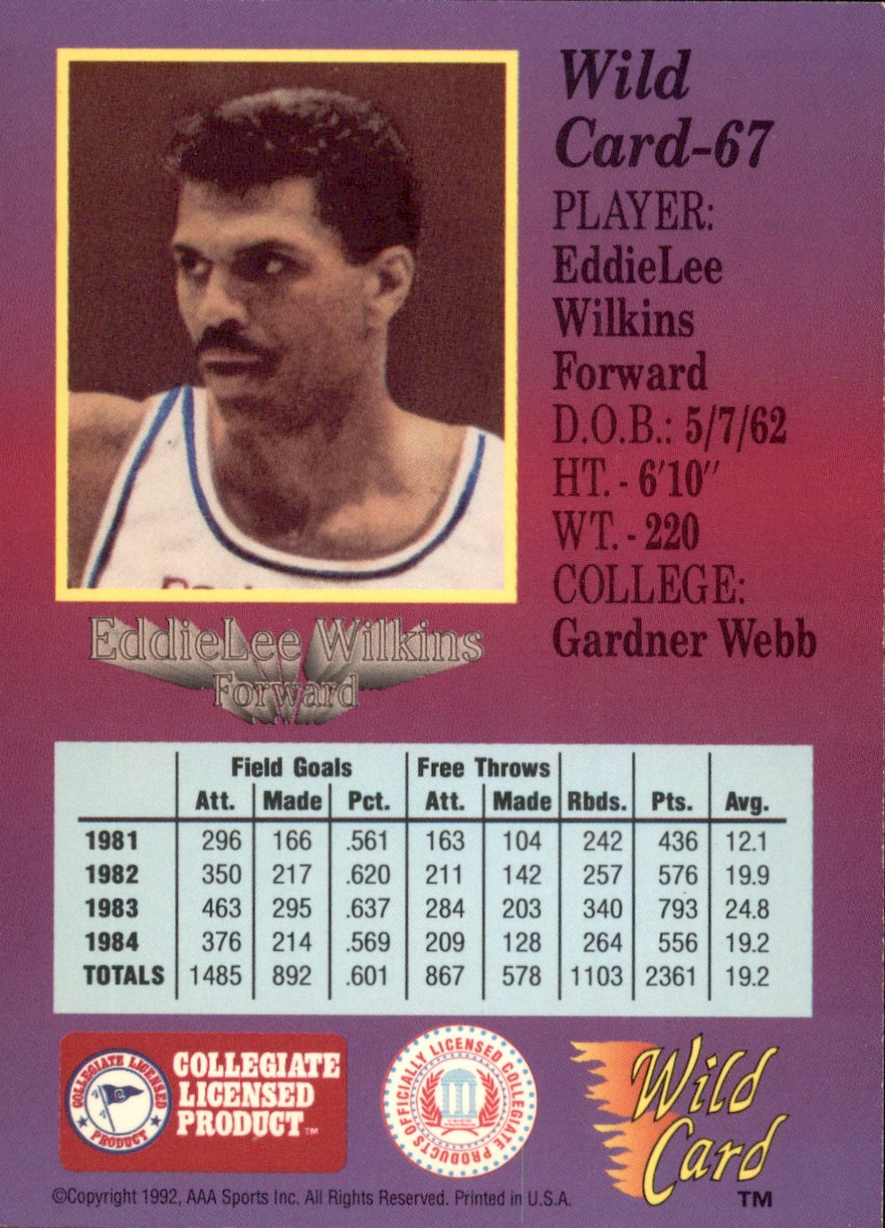 1991-92 Wild Card EddieLee Wilkins #67 AAA Sports 1st Edition