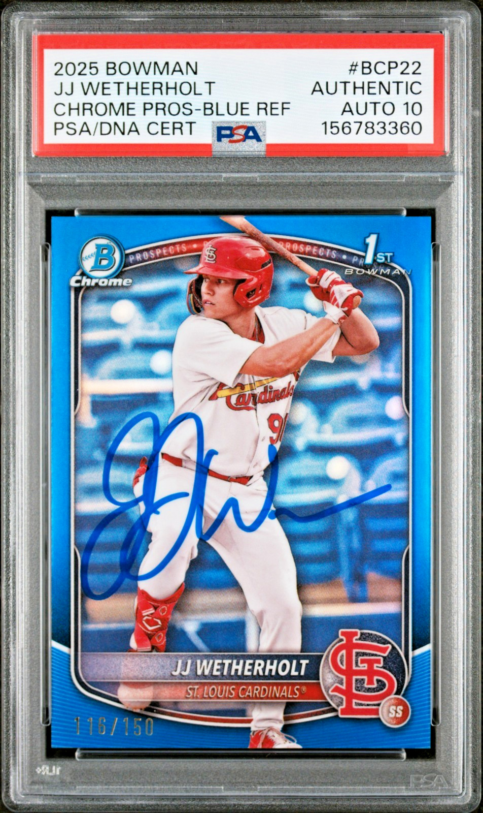 JJ Wetherholt Signed 2025 1st Bowman True Blue Refractor /150 PSA Auto Gem 10