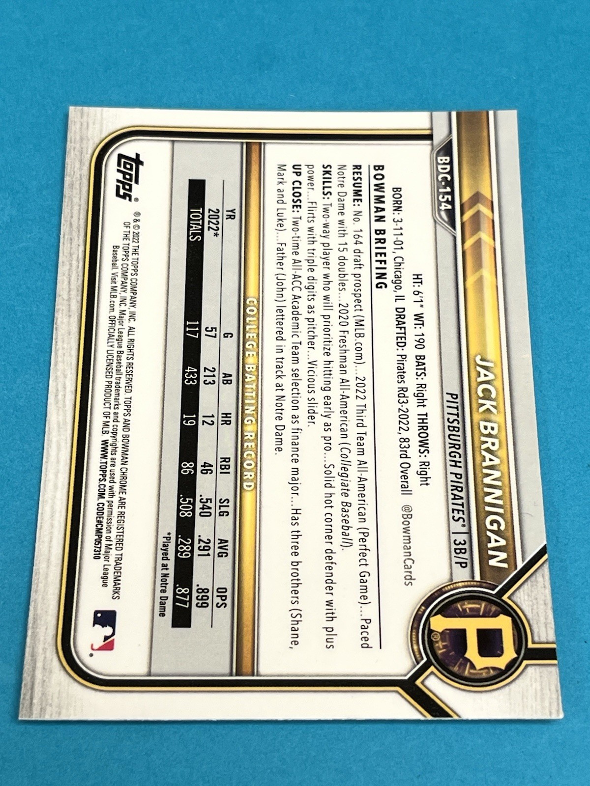 2022 Bowman Draft Jack Brannigan 1st Chrome #BDC-154 Pittsburgh Pirates Qty Avai