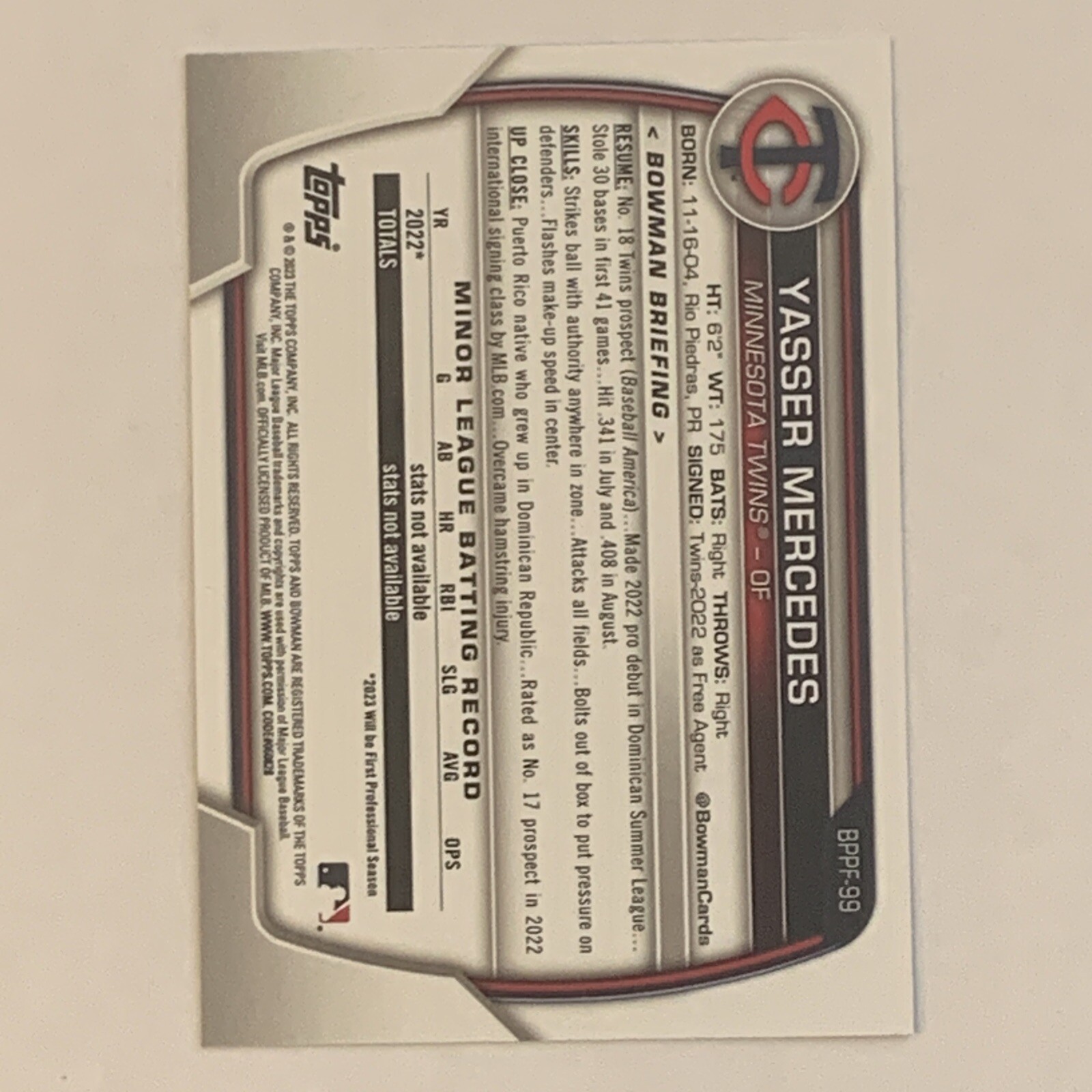 Yasser Mercedes 🔥2023 Bowman 1st Edition BLUE PARALLEL 68/150 Pre ROOKIE RC #99