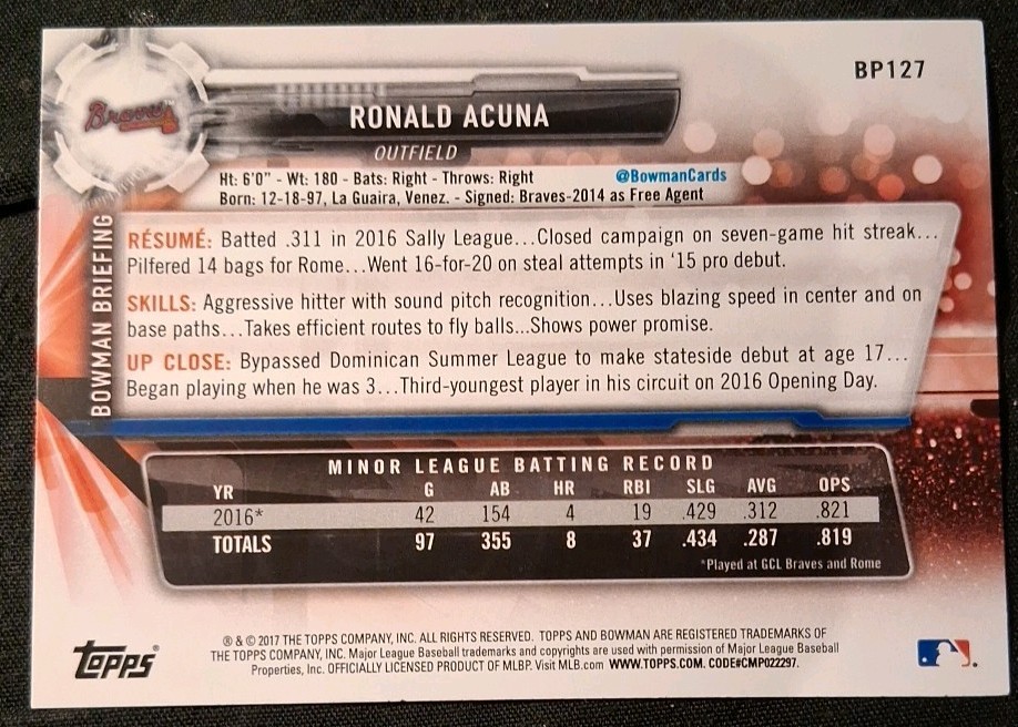 2017 RONALD ACUNA JR. BOWMAN PROSPECTS #BP127 1ST BOWMAN ATLANTA BRAVES RC