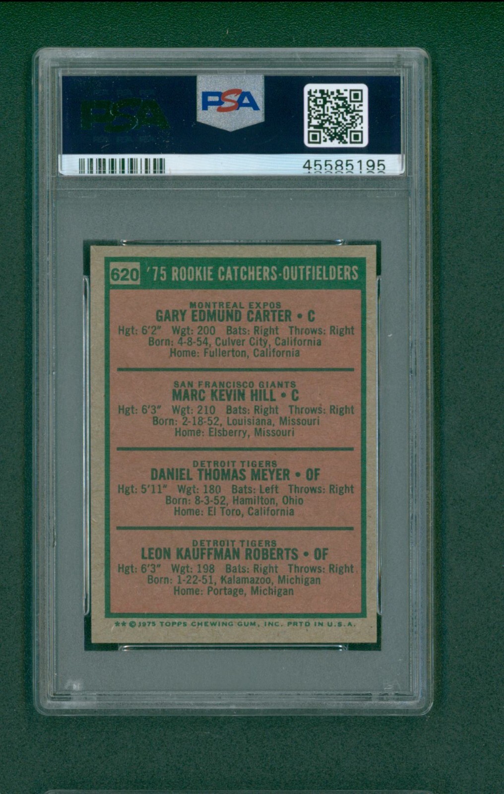 1975 Topps Mini Baseball Card – #620 Rookie Catchers Gary Carter RC, PSA 7 NM