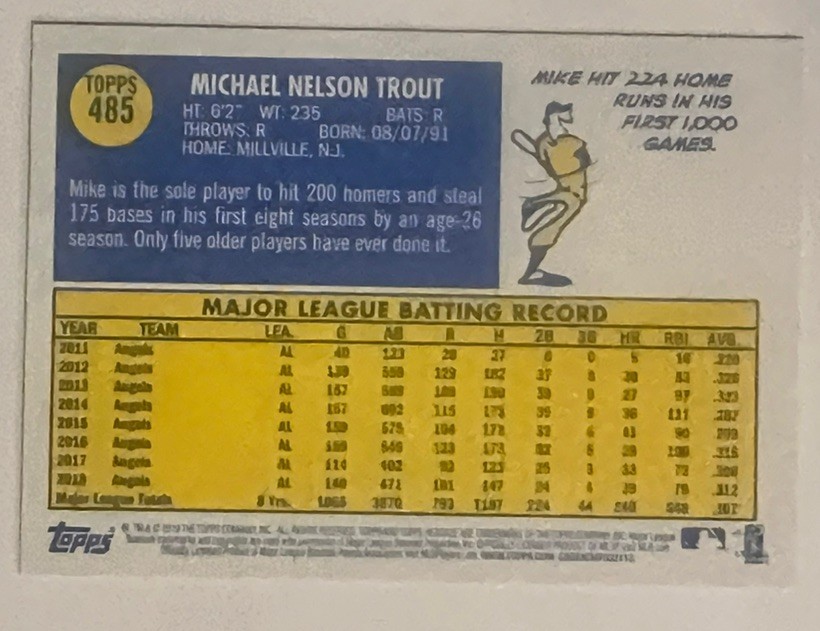 MIKE TROUT 2019 Topps Heritage SP #485 Base Set Shortprint Angels High#