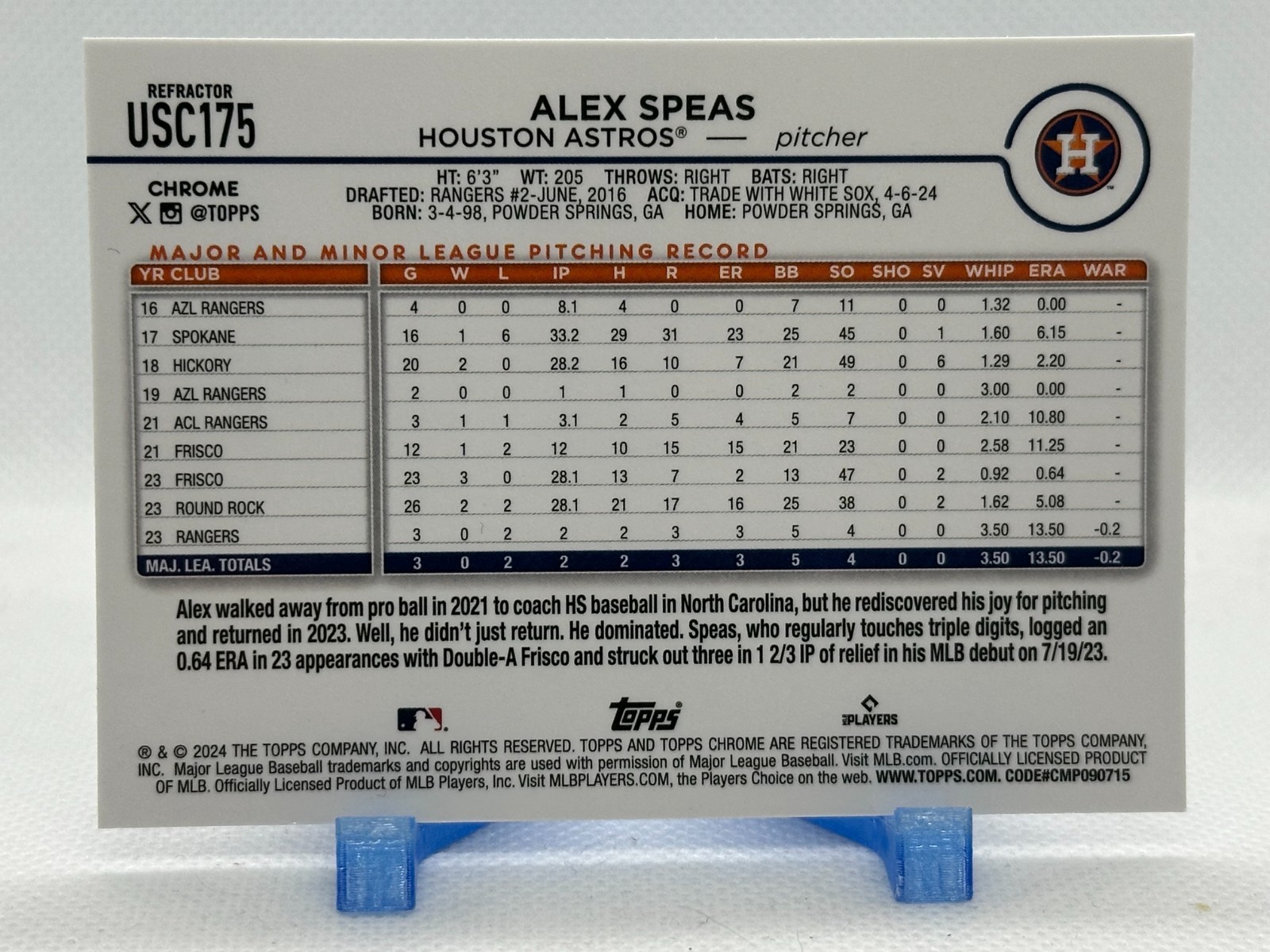 Alex Speas 2024 Topps Update Series Chrome – Refractor #USC175 (RC) – Astros