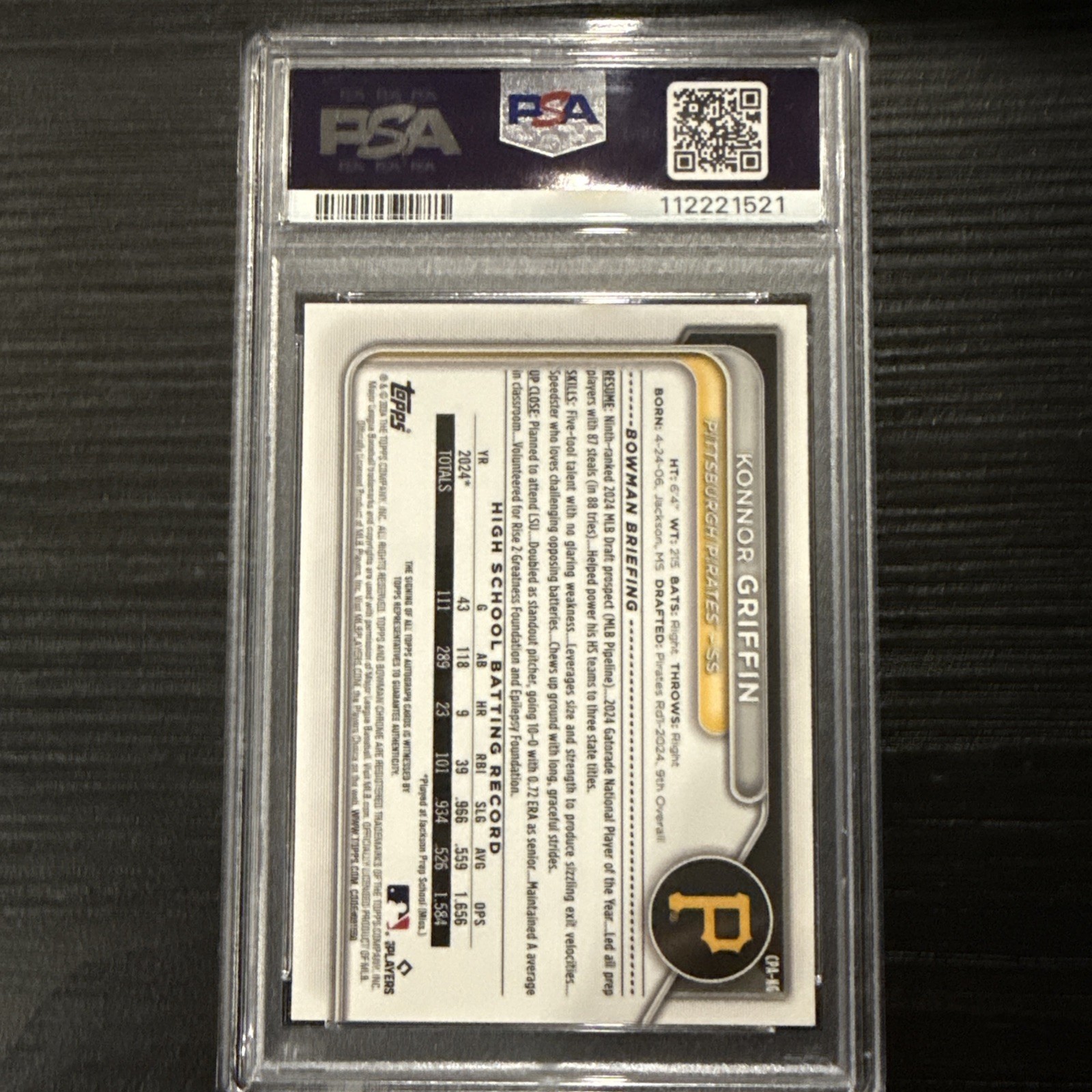 2024 Bowman Draft Konnor Griffin Chrome Auto 1st Prospect #CPA-KG Pirates PSA 10