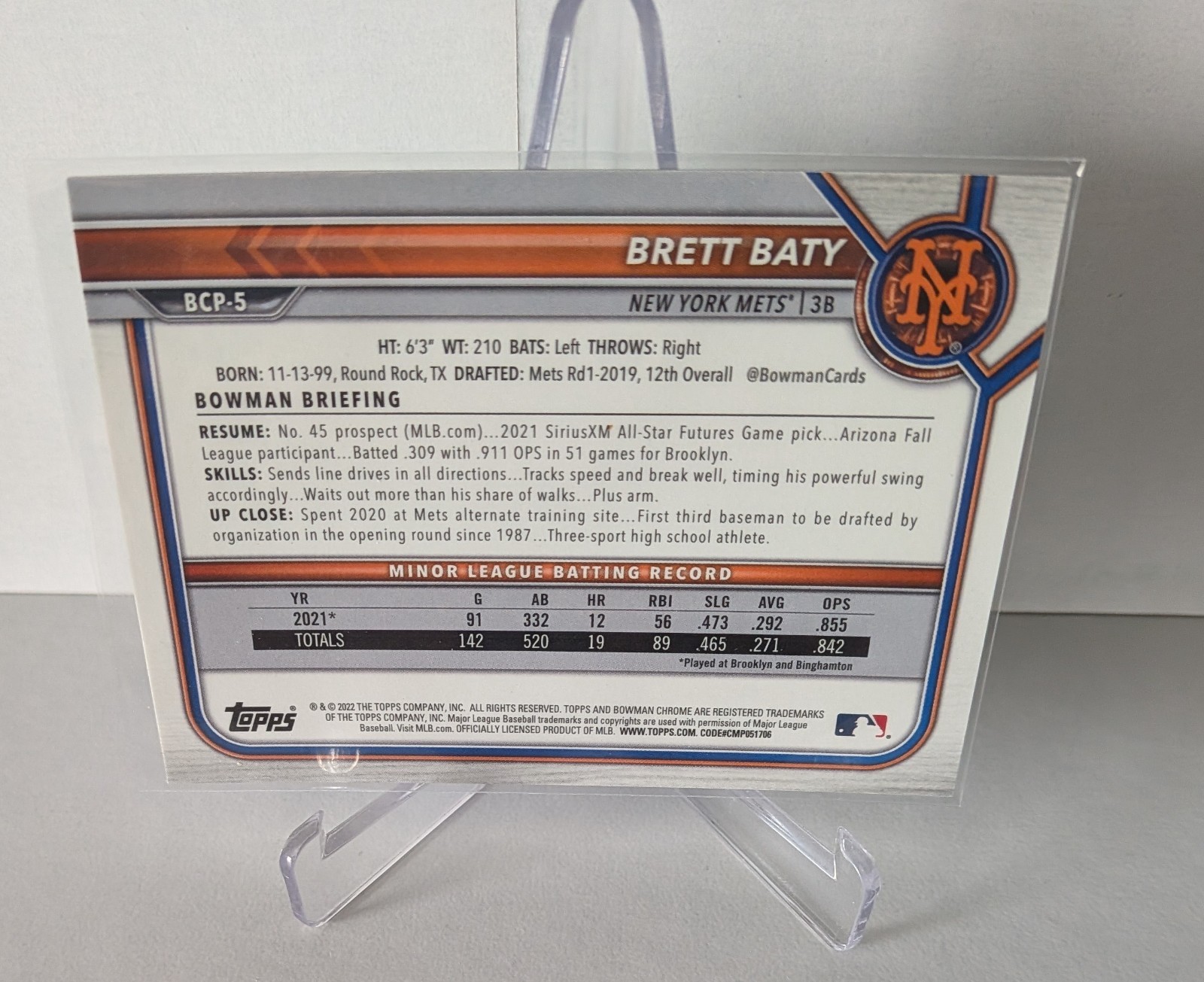 2022 Bowman – Chrome Prospects Brett Baty #BCP-5 Purple Refractor /250
