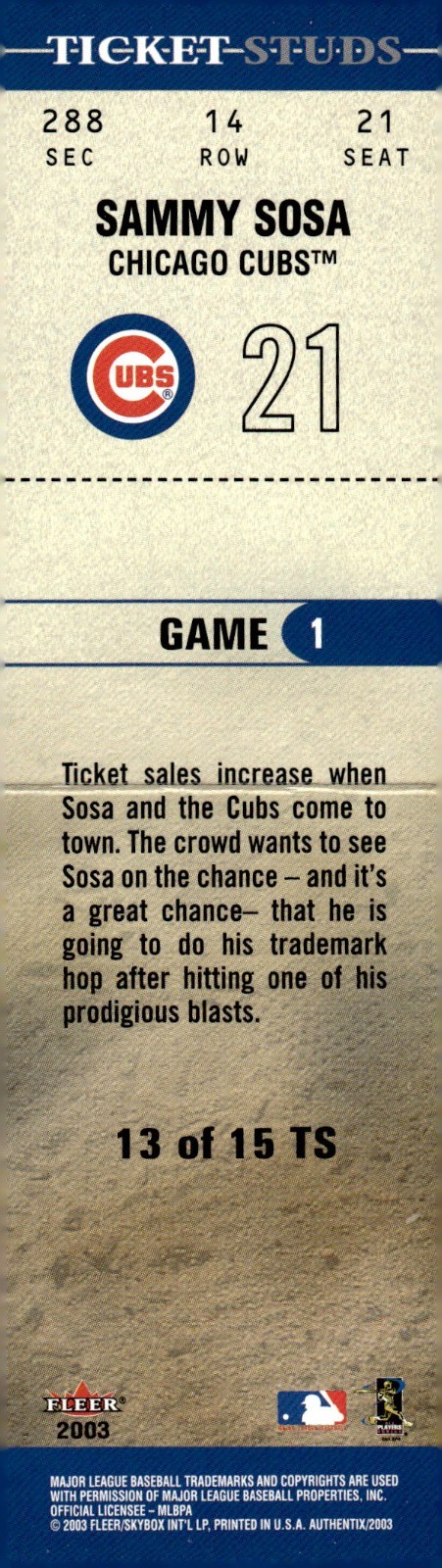 2003 Fleer Authentix Ticket Studs #13 Sammy Sosa