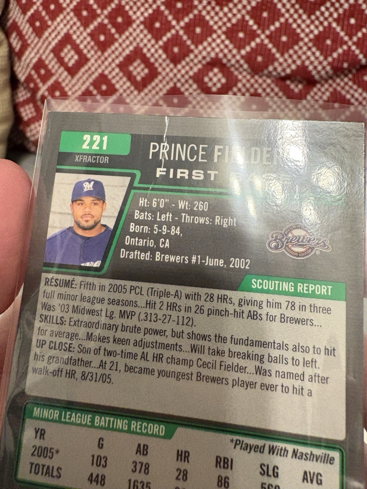 2006 Bowman Chrome #221 Prince Fielder Xfractor Auto /225 Brewers Rookie READ