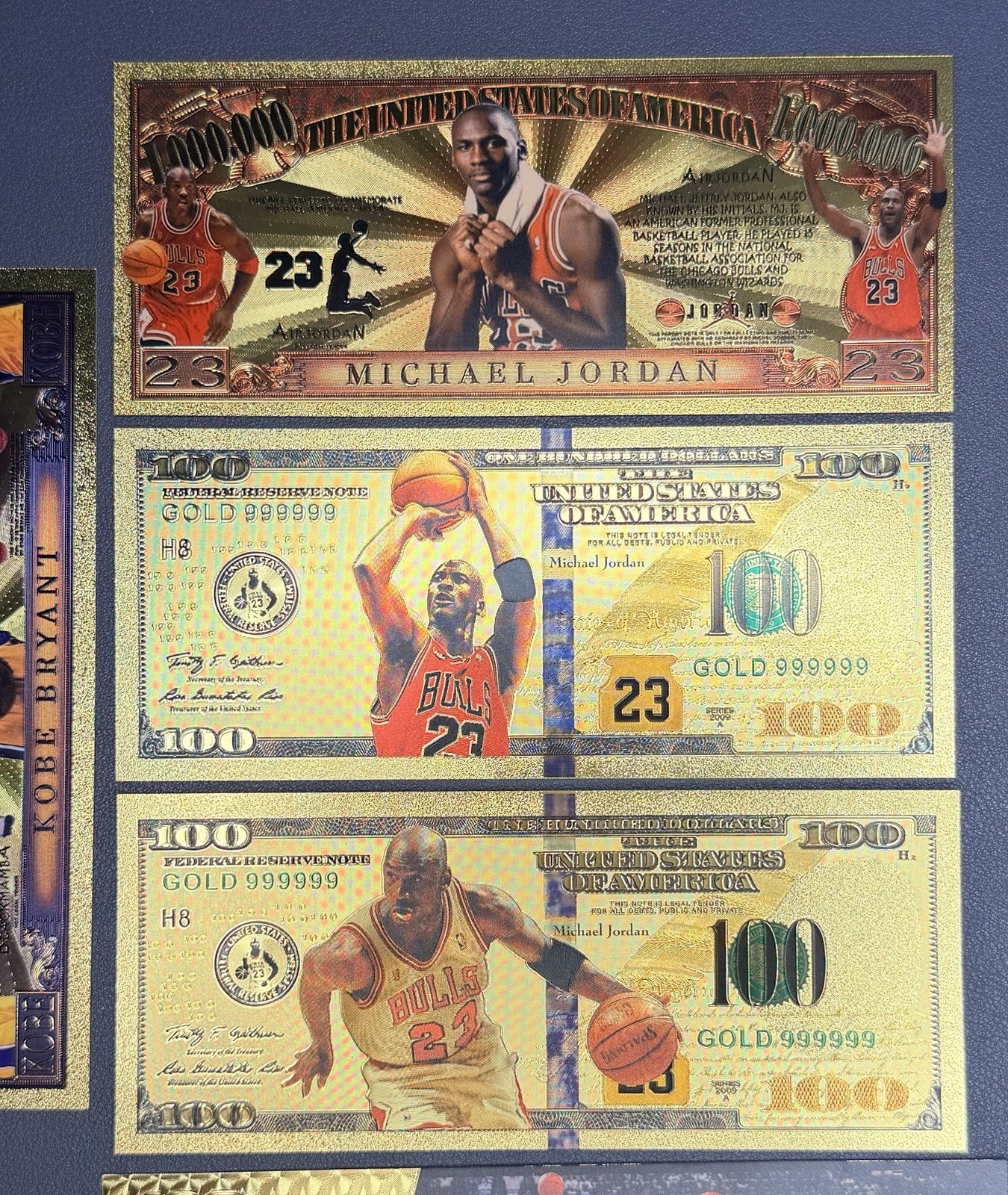 Michael Jordan 24k Gold Foil Banknotes w/ 1 Kobe Note – LOT of 5 In Top Loaders