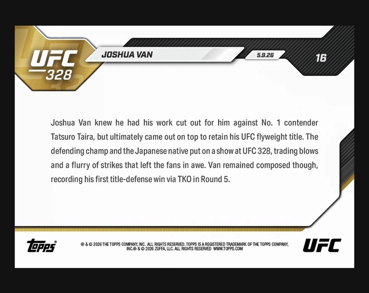 Joshua Van – 2026 Topps NOW UFC TKO Defends Flyweight Title Card 16 In Hand