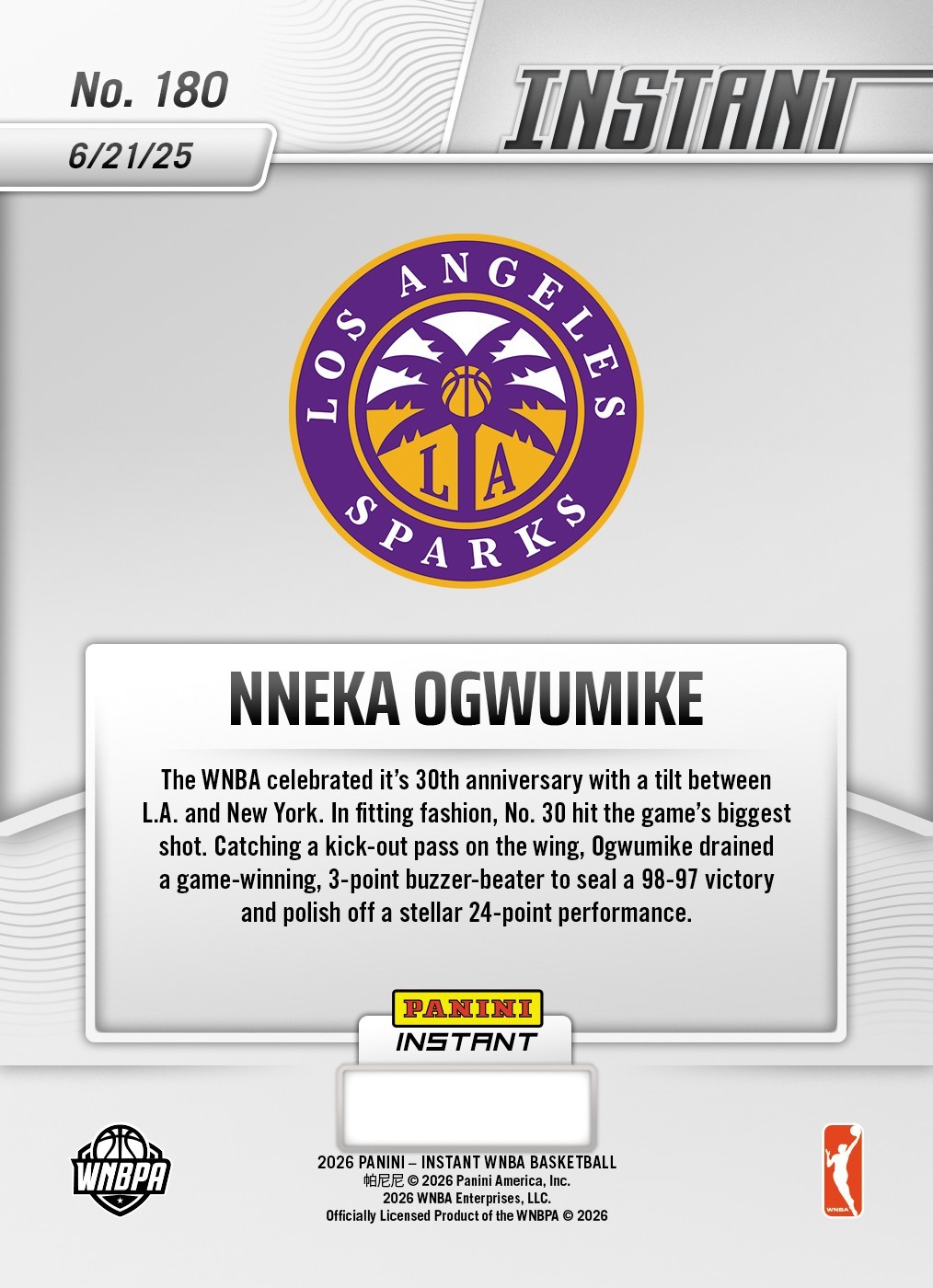 *PRESALE* 2026 Panini Instant WNBA Nneka Ogwumike #180 ~ Los Angeles Sparks