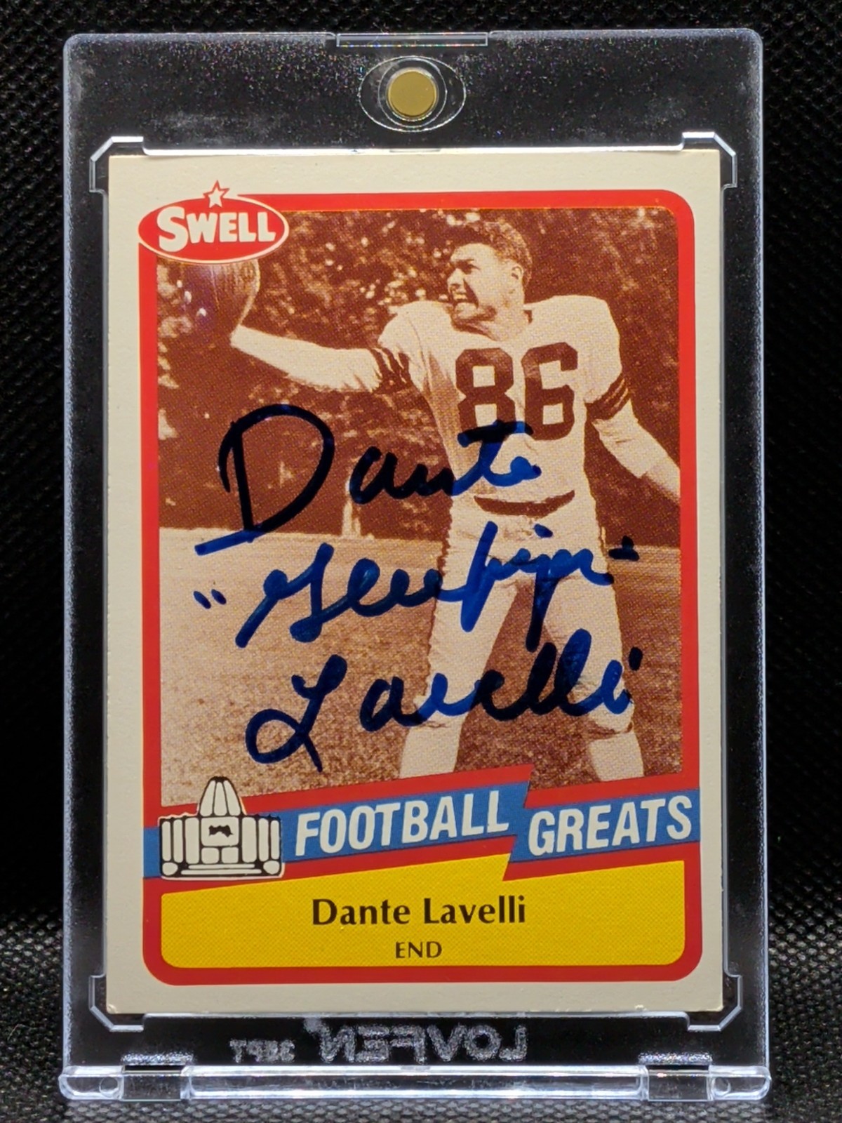 1989 SWELL FOOTBALL H.O.F. GREATS DANTE LAVELLI AUTOGRAPHED FOOTBALL CARD