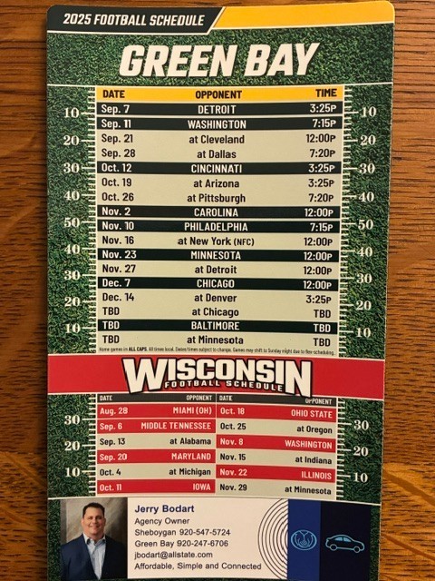 2025 GREEN BAY PACKERS Football Magnet Schedule – Allstate
