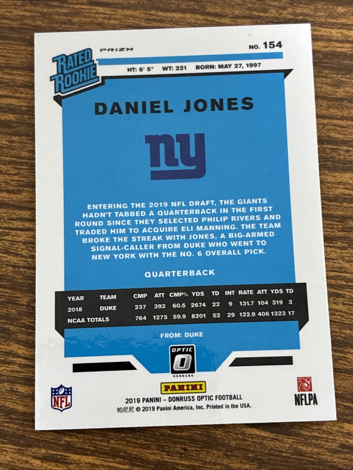 Daniel Jones 2019 Optic Rated Rookie Bronze Prizm RC #154