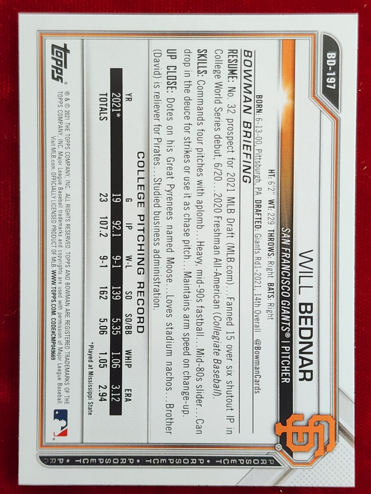 2021 Bowman Draft Base #BD-197 Will Bednar – San Francisco Giants Baseball