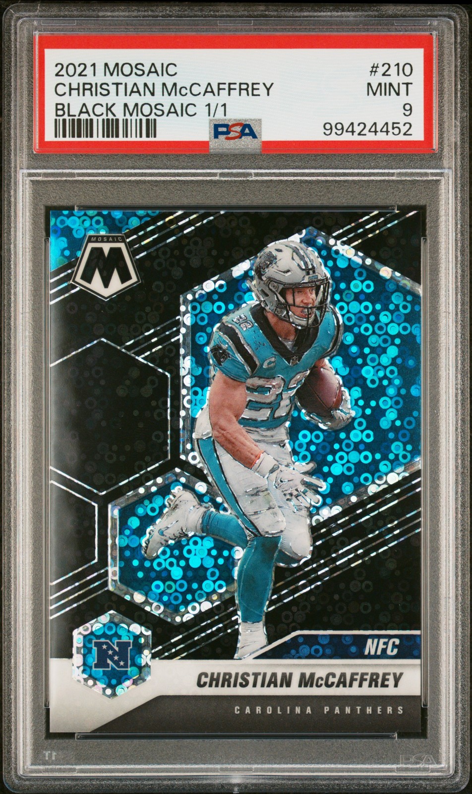2021 PANINI MOSAIC BLACK MOSAIC 1/1 #210 CHRISTIAN MCCAFFREY 1/1 PSA 9
