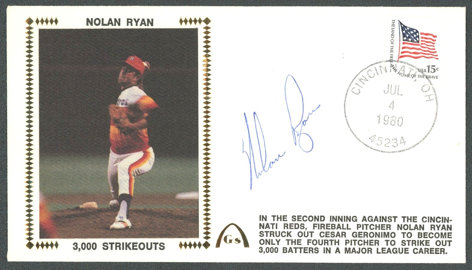 1980 Nolan Ryan Autographed First Day Cover “3,000 Strikeouts” Cachet