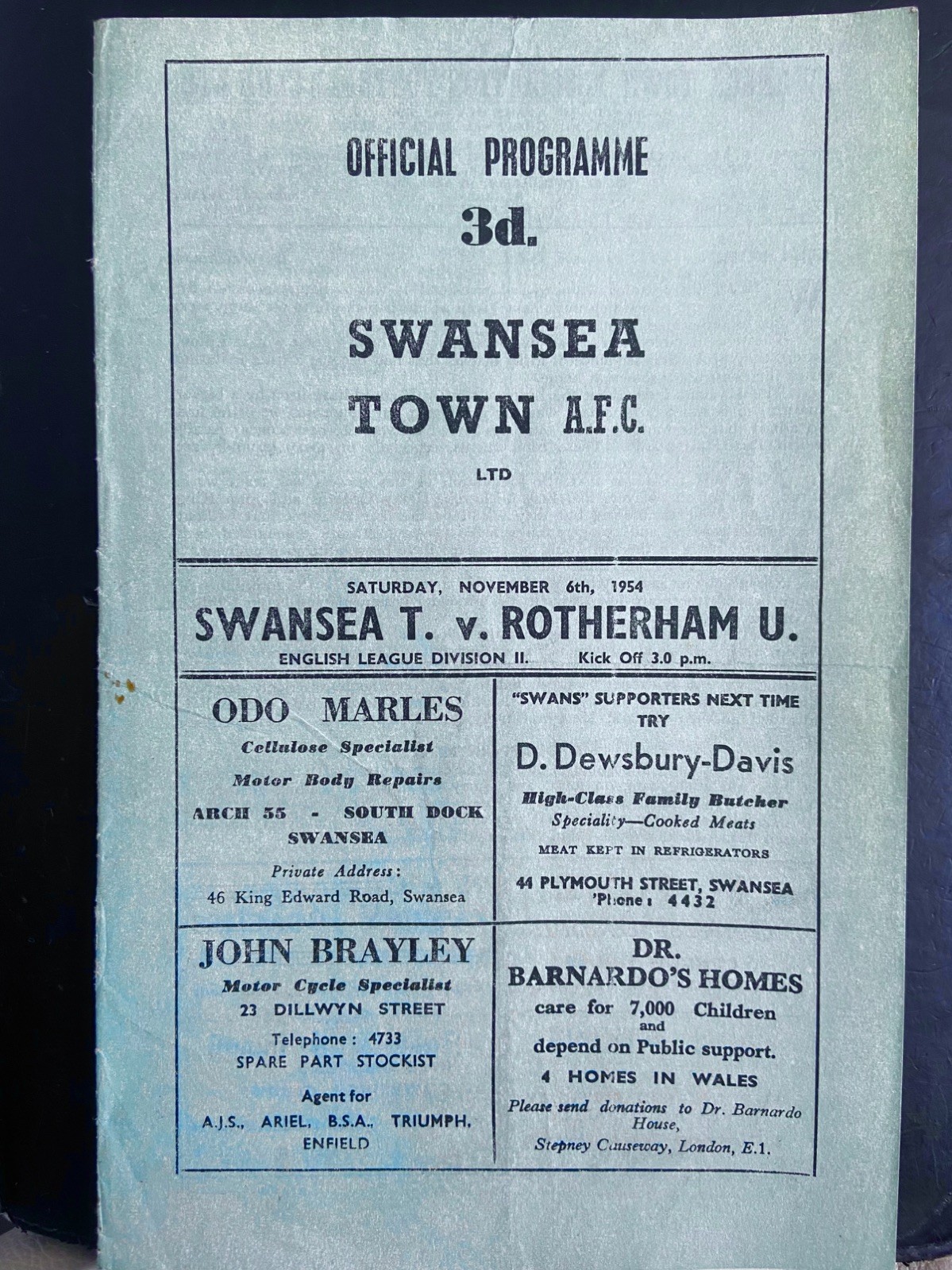 SWANSEA TOWN v ROTHERHAM UNITED, 06/11/1954, DIVISION 2,