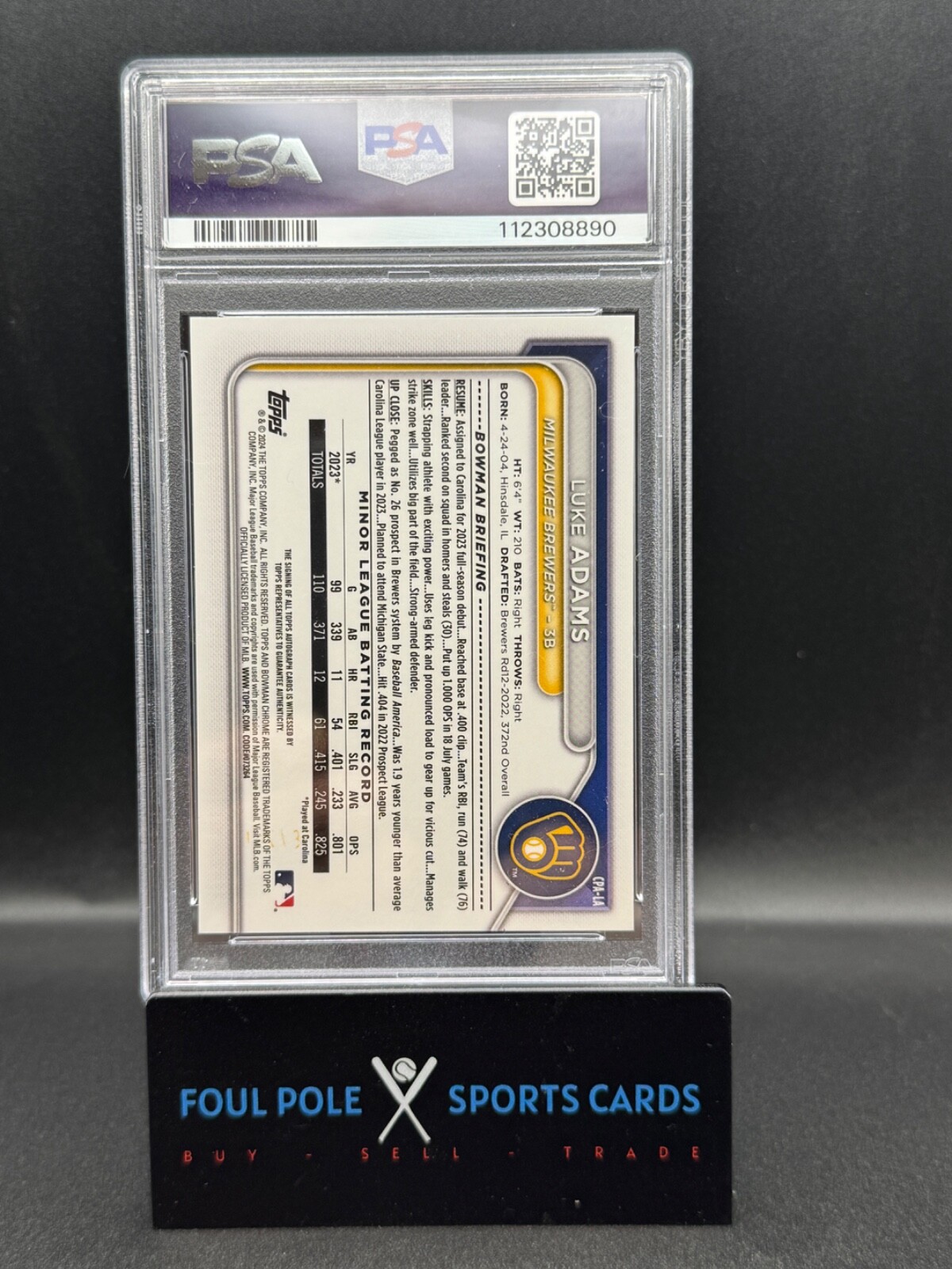 2024 Bowman – Chrome Pros Auto Luke Adams #CPA-LA Purple Ref 115/250 PSA 9