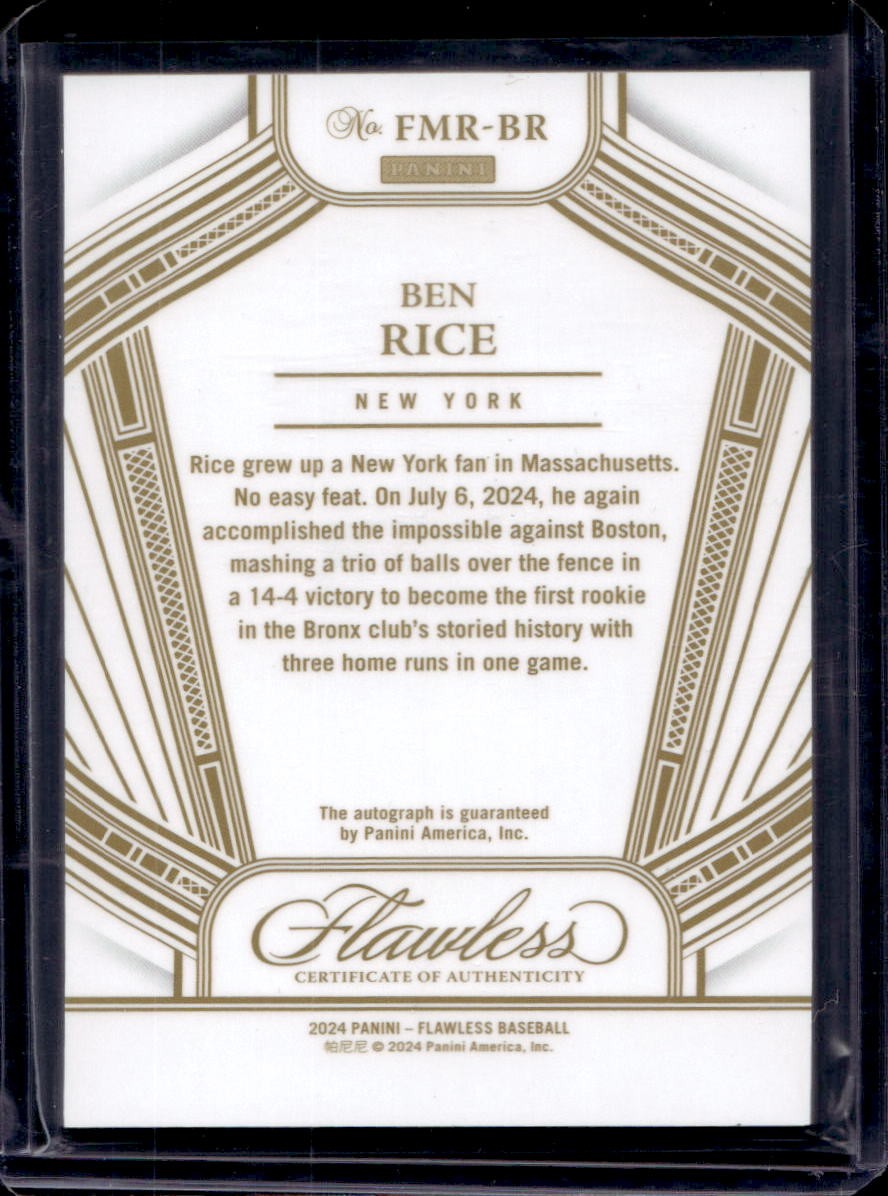 Ben Rice 2024 Panini Flawless #FMR-BR Moments Rookie Gold /10
