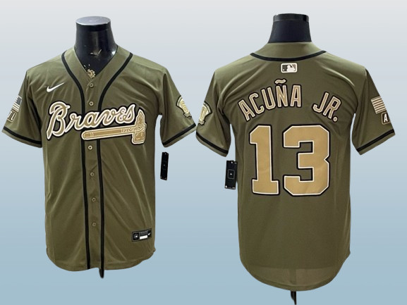 Men’s Atlanta Braves #13 Ronald Acuna Jr Olive Green Cool Base Stitched